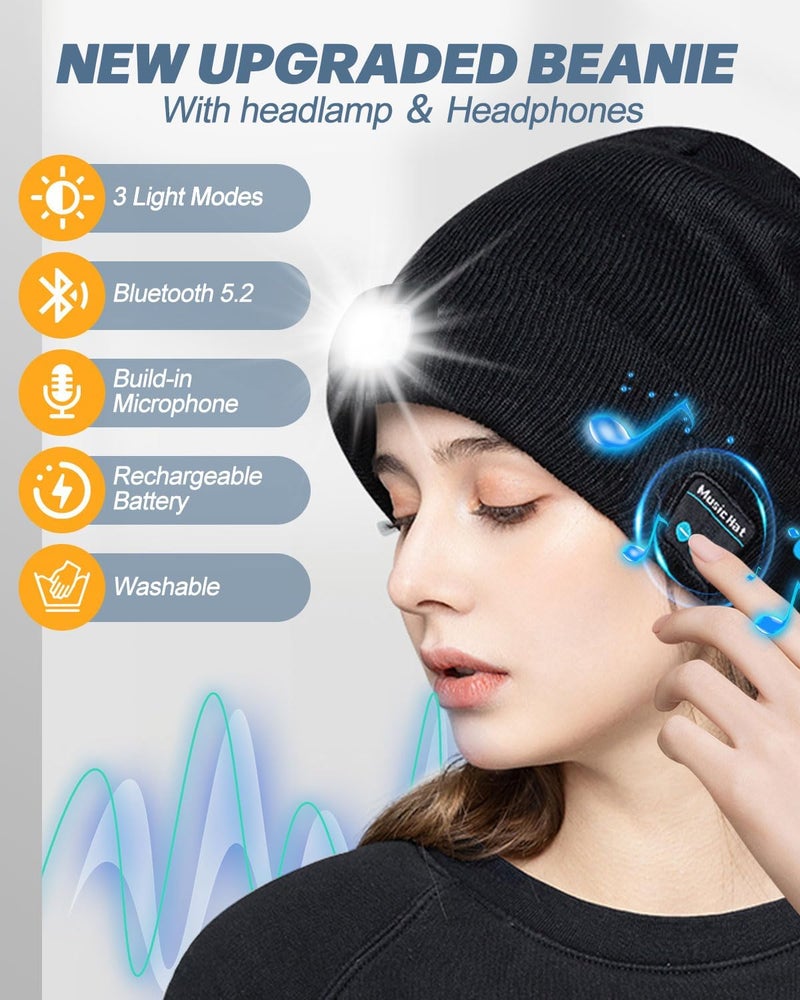 MOXTOYU Bluetooth Beanie with Light, USB Rechargeable LED Headlamp Winter Hat, Christmas Stocking Stuffers Gifts for Men Women - Image 2